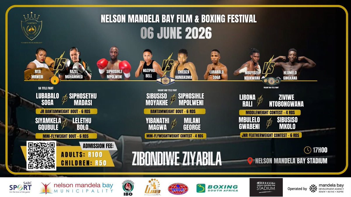NMB_Stadium's tweet photo. The Nelson Mandela Bay Stadium in collaboration with the Nelson Mandela Bay Municipality, Mandela Bay Development Agency and Zantsi’s Showtime Productions is proud to present the ZIBONDIWE eGQ - Boxing Tournament 2026, a premier boxing showcase set to take place at our iconic stadium 🥊

The event will feature an exciting lineup of male and female professional bouts, including:
-A prestigious World Title Fight
-A Main Supporting Championship Bout
-Multiple undercard contests showcasing rising boxing stars

Featured participation from top Eastern Cape fighters, with a strong emphasis on athletes from the Nelson Mandela Bay Metro.
This event forms part of Showtime Productions’ long-standing mission to revive boxing in the region and create sustainable pathways for future champions.

🏟️ Nelson Mandela Bay Stadium 
🗓️ 6 June 2026 
⏰ 17:00pm | Gates open at 15:30pm
🎟️ R100 Adults | R50 Kids under 12 (excl service fees)
🎟️ Webtickets | Pick n Pay | Boxer | NMB Stadium Ticket Office 

Webtickets: https://t.co/cCpxmfH0pw

#ourstadium #boxingtournament #sharethebay #Gqeberha #easterncape