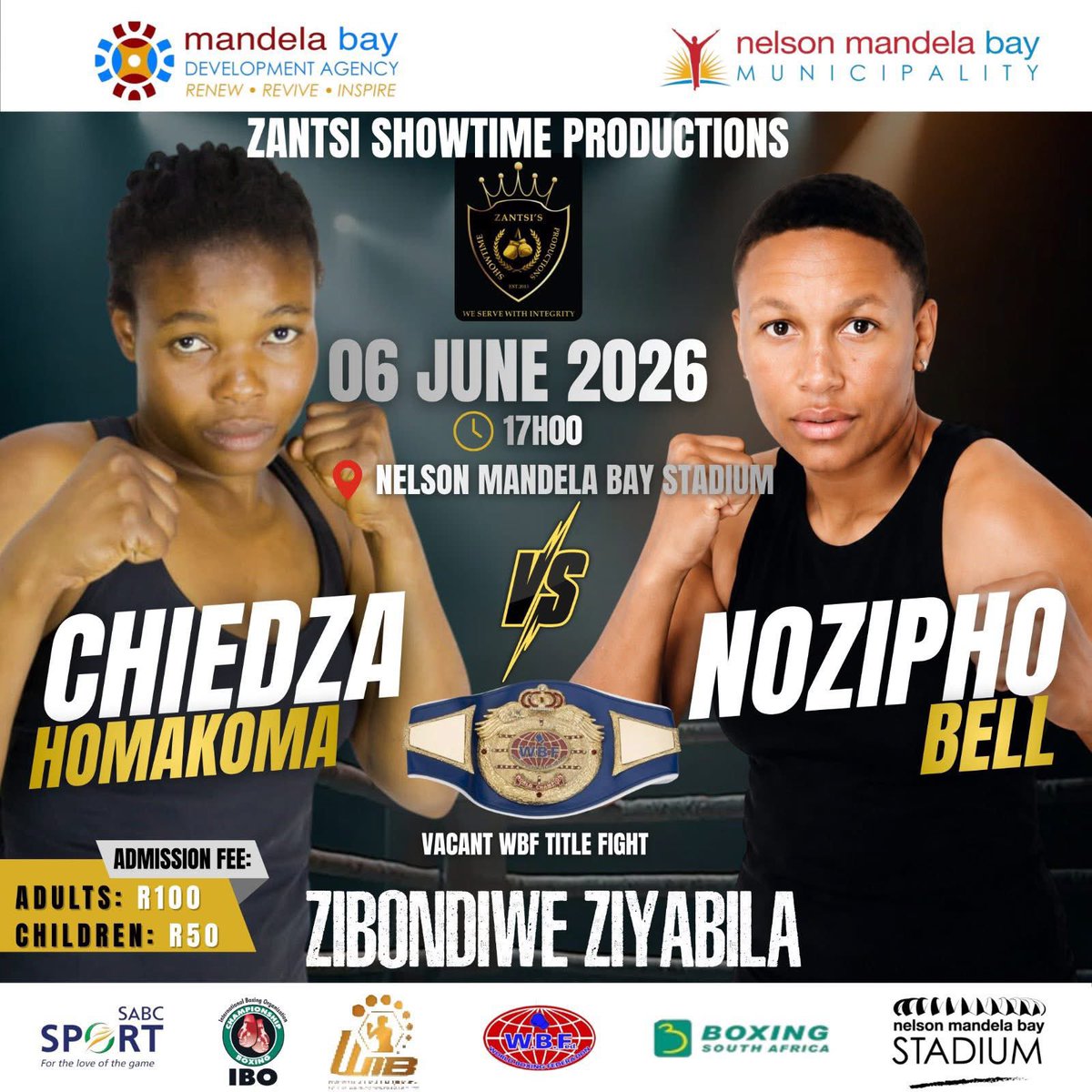 NMB_Stadium's tweet photo. The Nelson Mandela Bay Stadium in collaboration with the Nelson Mandela Bay Municipality, Mandela Bay Development Agency and Zantsi’s Showtime Productions is proud to present the ZIBONDIWE eGQ - Boxing Tournament 2026, a premier boxing showcase set to take place at our iconic stadium 🥊

The event will feature an exciting lineup of male and female professional bouts, including:
-A prestigious World Title Fight
-A Main Supporting Championship Bout
-Multiple undercard contests showcasing rising boxing stars

Featured participation from top Eastern Cape fighters, with a strong emphasis on athletes from the Nelson Mandela Bay Metro.
This event forms part of Showtime Productions’ long-standing mission to revive boxing in the region and create sustainable pathways for future champions.

🏟️ Nelson Mandela Bay Stadium 
🗓️ 6 June 2026 
⏰ 17:00pm | Gates open at 15:30pm
🎟️ R100 Adults | R50 Kids under 12 (excl service fees)
🎟️ Webtickets | Pick n Pay | Boxer | NMB Stadium Ticket Office 

Webtickets: https://t.co/cCpxmfH0pw

#ourstadium #boxingtournament #sharethebay #Gqeberha #easterncape