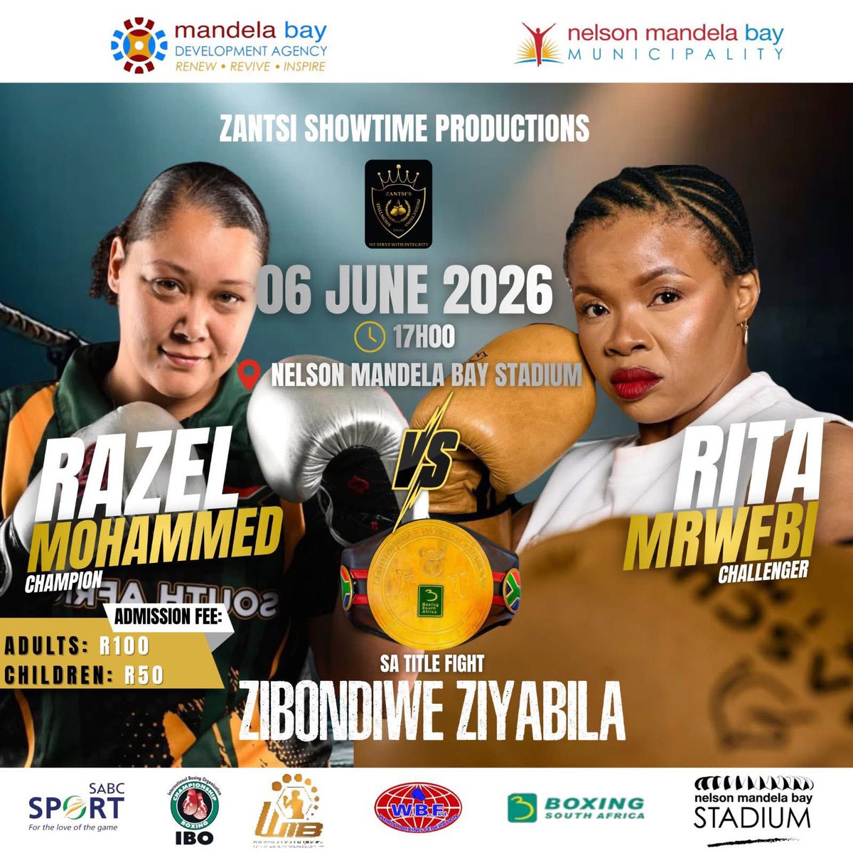 NMB_Stadium's tweet photo. The Nelson Mandela Bay Stadium in collaboration with the Nelson Mandela Bay Municipality, Mandela Bay Development Agency and Zantsi’s Showtime Productions is proud to present the ZIBONDIWE eGQ - Boxing Tournament 2026, a premier boxing showcase set to take place at our iconic stadium 🥊

The event will feature an exciting lineup of male and female professional bouts, including:
-A prestigious World Title Fight
-A Main Supporting Championship Bout
-Multiple undercard contests showcasing rising boxing stars

Featured participation from top Eastern Cape fighters, with a strong emphasis on athletes from the Nelson Mandela Bay Metro.
This event forms part of Showtime Productions’ long-standing mission to revive boxing in the region and create sustainable pathways for future champions.

🏟️ Nelson Mandela Bay Stadium 
🗓️ 6 June 2026 
⏰ 17:00pm | Gates open at 15:30pm
🎟️ R100 Adults | R50 Kids under 12 (excl service fees)
🎟️ Webtickets | Pick n Pay | Boxer | NMB Stadium Ticket Office 

Webtickets: https://t.co/cCpxmfH0pw

#ourstadium #boxingtournament #sharethebay #Gqeberha #easterncape