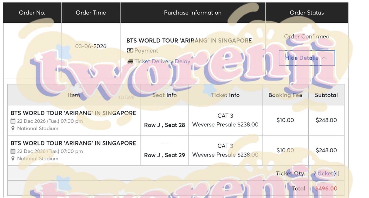 2RENJl's tweet photo. 2026 Proof jastip, ticketing service for BTS WORLD TOUR ‘ARIRANG’ in SINGAPORE, 6 tickets secured✨ #diTWORENJIaja
More proofs &amp; reviews https://t.co/yx9y0oJPNV https://t.co/CyPkbXik9o