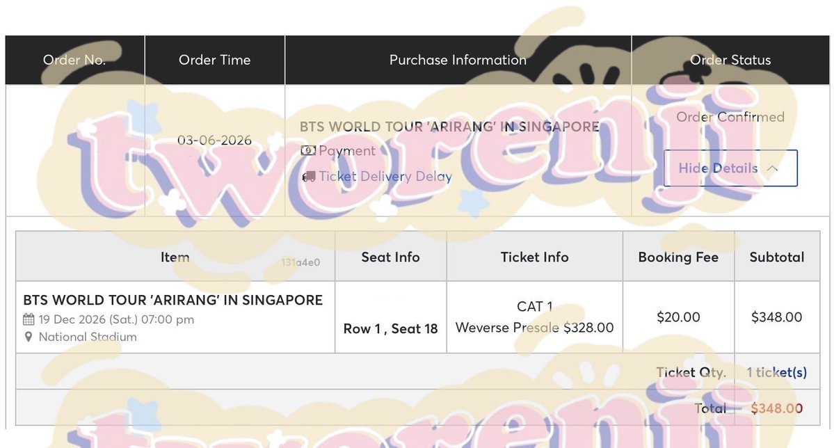 2RENJl's tweet photo. 2026 Proof jastip, ticketing service for BTS WORLD TOUR ‘ARIRANG’ in SINGAPORE, 6 tickets secured✨ #diTWORENJIaja
More proofs &amp; reviews https://t.co/yx9y0oJPNV https://t.co/CyPkbXik9o