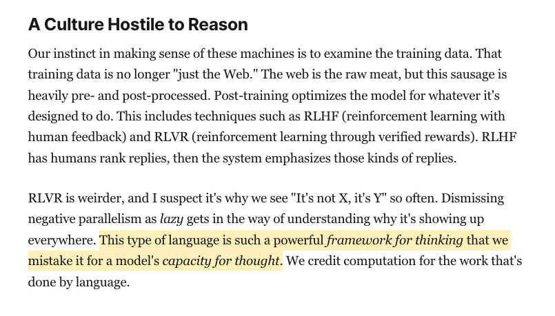 pa1ar's tweet photo. an essay on why "it's not X it's Y" language is so beloved by LLMs, written by @ErykSalvaggio

tldr: this construct makes an impression of thinking, so early AI detectors and human verifiers favored it, naturally LLMs adopted it and now it's everywhere

https://t.co/kTo2i2GXBr https://t.co/uQXhEj0Ivx