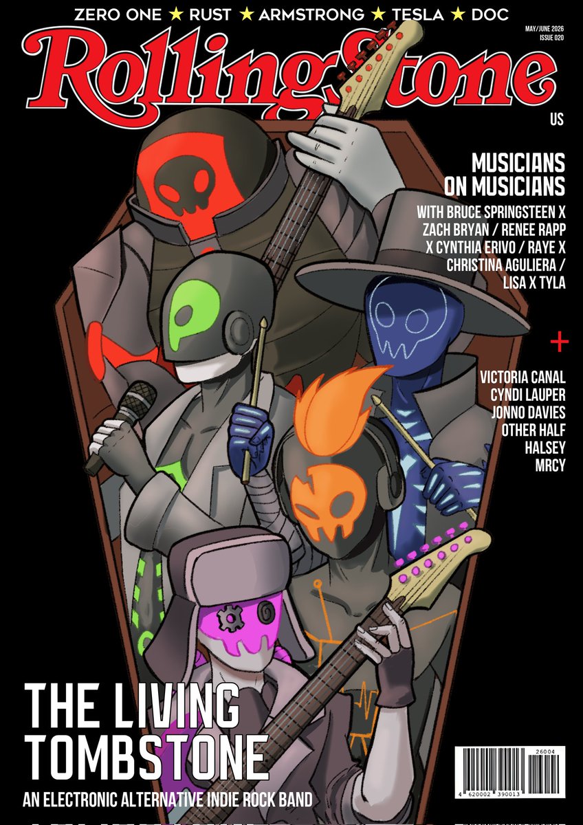 ZecoZone's tweet photo. I'm studying magazine layout at the institute and made a mock-up of a Rolling Stone cover with TLT (I don't work on the magazine, I just added the text on top!).
I used the style of the "Fly Home" music video as a reference.
@LivingTombstone 
#thelivingtombstone https://t.co/uRpxK6r0xB