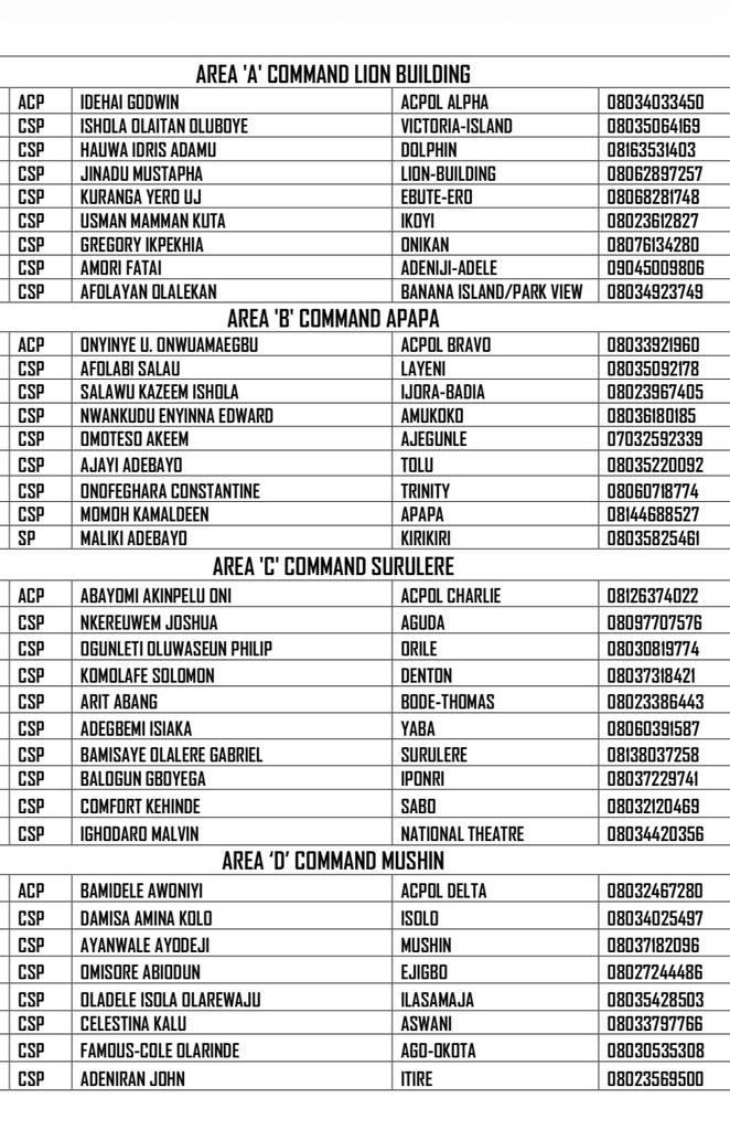 LagosPoliceNG's tweet photo. Here is the updated telephone directory of the Command. 

Security is a collective responsibility. When you see something, say something. Promptly report suspicious persons, movements, or activities.

Together, through vigilance and cooperation, we can continue to keep Lagos safe and secure for all.