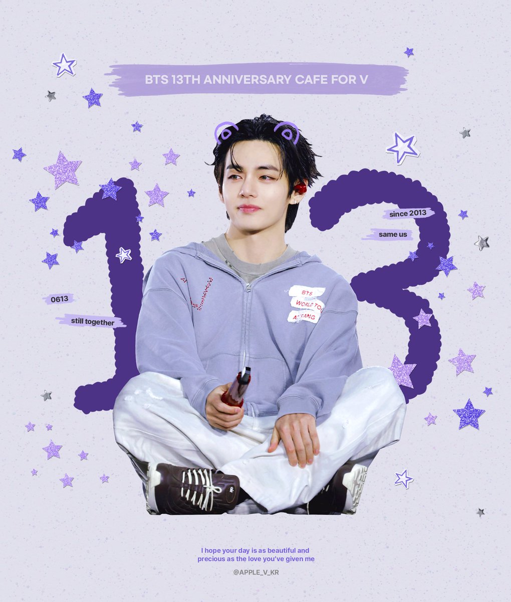 APPLE_V_KR's tweet photo. 💜 𝖣𝖤𝖡𝖴𝖳 𝟣𝟥𝖳𝖧 𝖠𝖭𝖭𝖨𝖵𝖤𝖱𝖲𝖠𝖱𝖸 EVENT 𝖥𝖮𝖱 
TAEHYUNG V 💜 

©APPLE_V_KR 

1. 
방탄소년단 데뷔 13주년 기념 카페 이벤트 
📍2026.06.12 - 13 (09:00 - 18:00)
📍영커피 레이카운티점
(부산 연제구 아시아드대로39) 

2.
𝖡𝖳𝖲 𝟣𝟥𝖳𝖧 𝖠𝖭𝖭𝖨𝖵𝖤𝖱𝖲𝖠𝖱𝖸 𝖢𝖠𝖥𝖤 in TOKYO 
🗓2026.06.19 - 22 (11:00 - 19:00)
cafe yolum
東京都渋谷区神宮前1-21-15 ATMビル2F 

3.
방탄소년단 데뷔 13주년 기념 미니전시회
📍2026.06.10 - 14 (12:00 - 18:00)
📍마린커피 빅히트 사옥점
(서울 용산구 한강로3가 65-357)

세부공지는 댓글을 봐주세요♡♡♡

#태형이가자랑스러워 
#So_proud_of_our_V
#TAEHYUNG #뷔 #テテ #BTSV #BTS