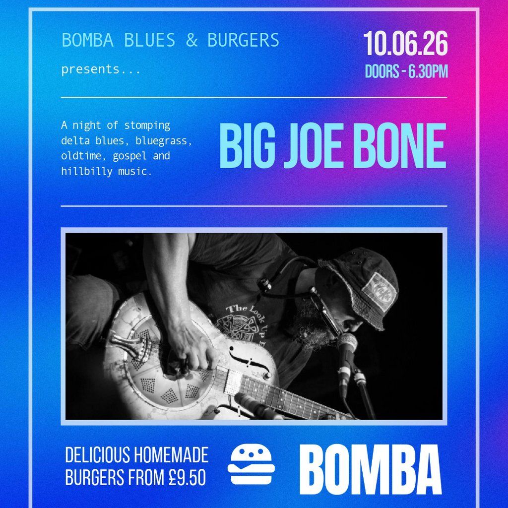 VisitDevonUK's tweet photo. On Wednesday 10 June 2026 see #Blues &amp; #Burgers | Big Joe Bone live at #Bomba in #Exeter. Find out more and get tickets:
https://t.co/YoR892QEG0 https://t.co/RNnirOaJ8r