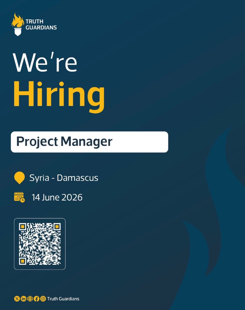 TruthGuardianSY's tweet photo. We are looking for a qualified and experienced Project Manager to oversee the implementation of the Data Archiving Project in Damascus. The project, developed in collaboration with the National Commission for Transitional Justice (NCTJ).
📷 Damascus, Syria
📷 Application deadline: 14 June 2026
We encourage applications from candidates with strong experience in Project Management, and passionate in supporting accountability, documentation, and transitional justice efforts in Syria.
Apply now through uploading your CV and cover letter via visiting our website.
https://t.co/SfQXpwoyOK
#TruthGuardians