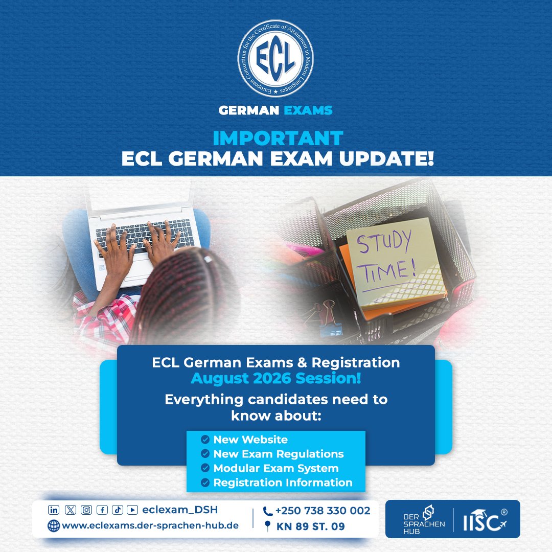 eclexams_DSH's tweet photo. ECL German Exam Update 

Registration for the August 2026 session opens on 4 June. New website, updated regulations, and the Modular Examination System are now in place.
Select all your exam modules in one registration.
#ECLExams #GermanExam #LearnGerman #GermanInRwanda https://t.co/ro6LEFXVmf