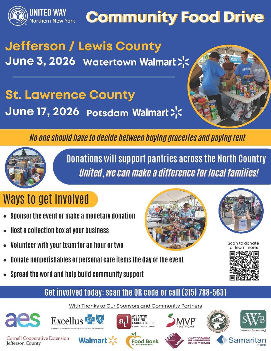 VolTransportCtr's tweet photo. HAPPENING TODAY! Our friends at United Way of Northern New York host their Community Food Drive today from 8 a.m. to 2 p.m. in the parking lot of Walmart in Watertown. How can you help? https://t.co/lCCFDD2JsU