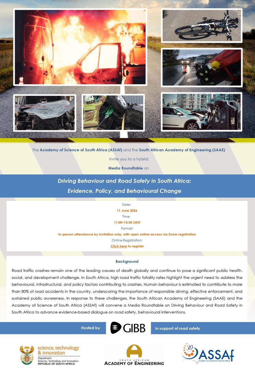 ASSAf_Official's tweet photo. The Academy of Science of South Africa (ASSAf) and the South African Academy of Engineering (SAAE) invite you to a hybrid Media Roundtable on Driving Behaviour and Road Safety in South Africa: Evidence, Policy, and Behavioural Change 

Online Registration: https://t.co/FPCQRyFHhU https://t.co/mWI1DvmkmT