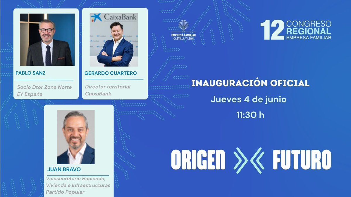 EFCyL's tweet photo. Programa #CongresoEFCL26 #OrigenFuturo: 4 de junio, 11,30h - Inauguración oficial con @juanbravobaena @ppopular, Pablo Sanz @EY_spain y @CuarteroGerardo @caixabank
Patrocinan @caixabank @EY_spain
Colaboran @vidacaixa @verisure_esp @iberdrola https://t.co/jtbsjpeQNh