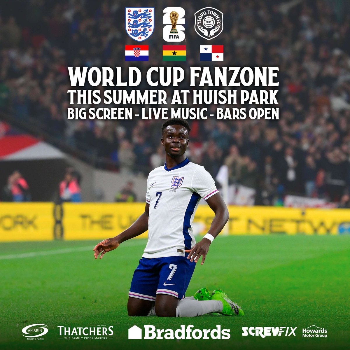 YTFC's tweet photo. Two Weeks to Go! 🦁

The countdown is on as England kick off their World Cup campaign against Croatia in just two weeks!

Join us at Huish Park and watch on the big screen in our World Cup Fanzone - with FREE entry for all.

🎶 Priddice Brothers Live | 🍻 Bars Open

#YTFC 💚 https://t.co/XUCwgg04FE