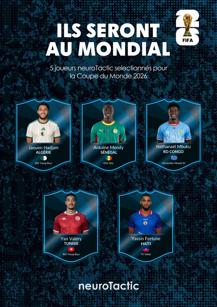 neuroTactic_'s tweet photo. Lequel de nos joueurs tu vas suivre à la Coupe du Monde 2026 ? 👇 
🇩🇿 Jaouen Hajdam (Algérie) 
🇸🇳 Antoine Mendy (Sénégal) 
🇨🇩 Nathanaël Mbuku (RD Congo) 
🇹🇳 Yan Valéry (Tunisie) 
🇭🇹 Yassin Fortune (Haïti) https://t.co/NthfFXf0Cw