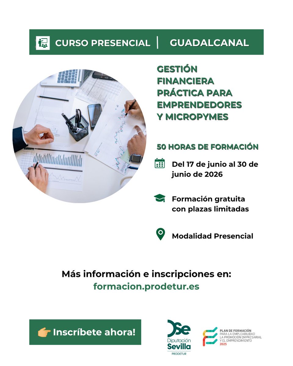 prodetur's tweet photo. 📈¡Mejora las finanzas de tu negocio en #Guadalcanal!
Aprende gestión financiera práctica para emprendedores y micropymes.
📅 Del 17 al 30 de junio de 2026 
📍 Centro de Iniciativas Empresariales,C/ Ntra. Sra. del Rosario y Palma s/n.
¡Plazas limitadas!
🔗 https://t.co/f5kMZPymvC https://t.co/aJrd9zzwJw
