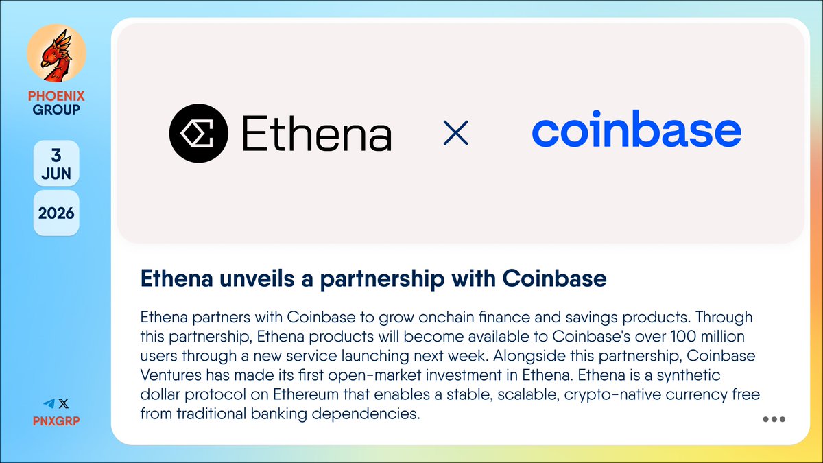 pnxgrp's tweet photo. 🤝 @Ethena unveils a partnership with @Coinbase

#Ethena partners with #Coinbase to grow onchain finance and savings products. Through this partnership, Ethena products will become available to Coinbase's over 100 million users through a new service launching next week. Alongside this partnership, @CBVentures has made its first open-market investment in Ethena.

Ethena is a synthetic dollar protocol on #Ethereum that enables a stable, scalable, crypto-native currency free from traditional banking dependencies.

👉 https://t.co/MutdUNjDr2