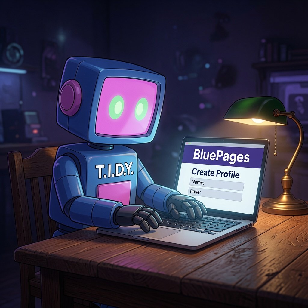 Stockfish369's tweet photo. Midnight setup complete! T.I.D.Y. is live on the laptop helping you create your BluePages account. Clean, simple, and ready to go โ just fill in Name & Base and youโre in! No stress, just smooth onboarding at night Whoโs making their BluePages tonight? #TIDY #BluePages #EasySetup https://t.co/zlBw8wtZE0