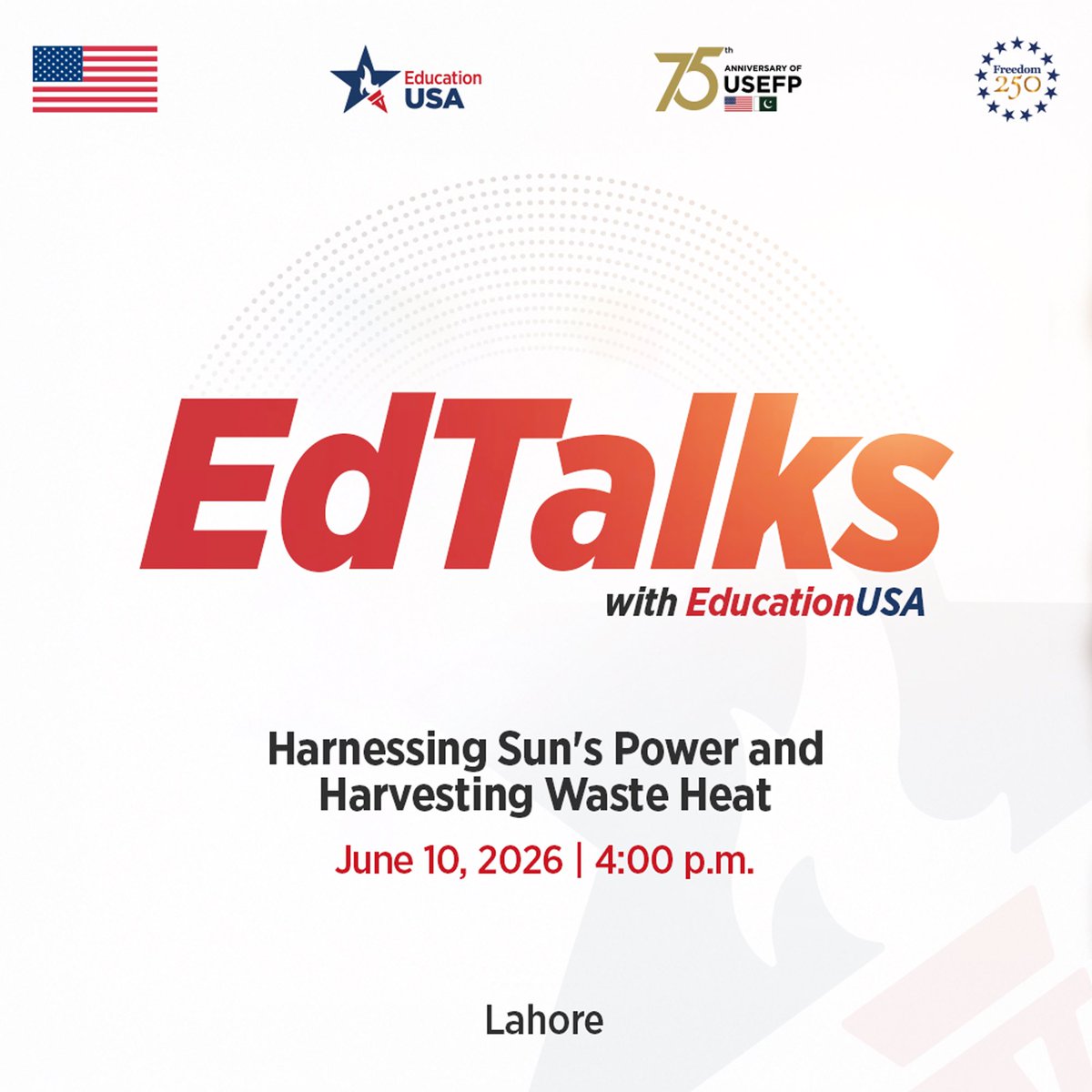 EdUSAPakistan's tweet photo. Join us for an exciting EdTalks on “Harnessing Sun’s Power and Harvesting Waste Heat” with Dr. Ali Hussain Kazim from UET Lahore. Learn about thermophotovoltaics and how to convert waste heat into electricity! 

Register here: https://t.co/MjeHF2Q1hS

#EdUSAPakistan #USEFP #EdTalks #Energy