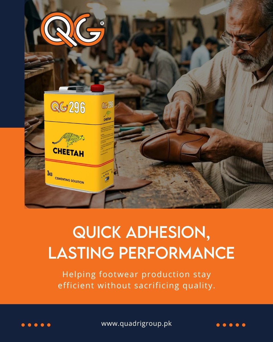 quadrigrouppak's tweet photo. Fast bonding. Reliable performance. QG 296 Cheetah Cementing Solution helps footwear manufacturers achieve strong adhesion and efficient production without compromising quality. Step up your production standards with QG. https://t.co/WJTsvFLzdD