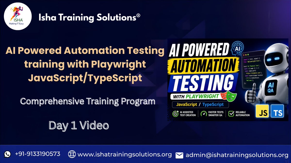 IshaKumargupta's tweet photo. *AI-Powered Automation Testing training with Playwright JS TSโLive TrainingโDay 1 Recording
https://t.co/fJ0t6KcAEo
Enrollments Open
Regular Sessions
Timing
3rd June@ 9PM(IST)/3rd June@ 11:30 AM(EST)/3rd June@ 4:30 PM(BST)
Fee:โน7,900/$99
Call+91 9133190573
#AI #AutomationTesting https://t.co/mr40rV9R1b