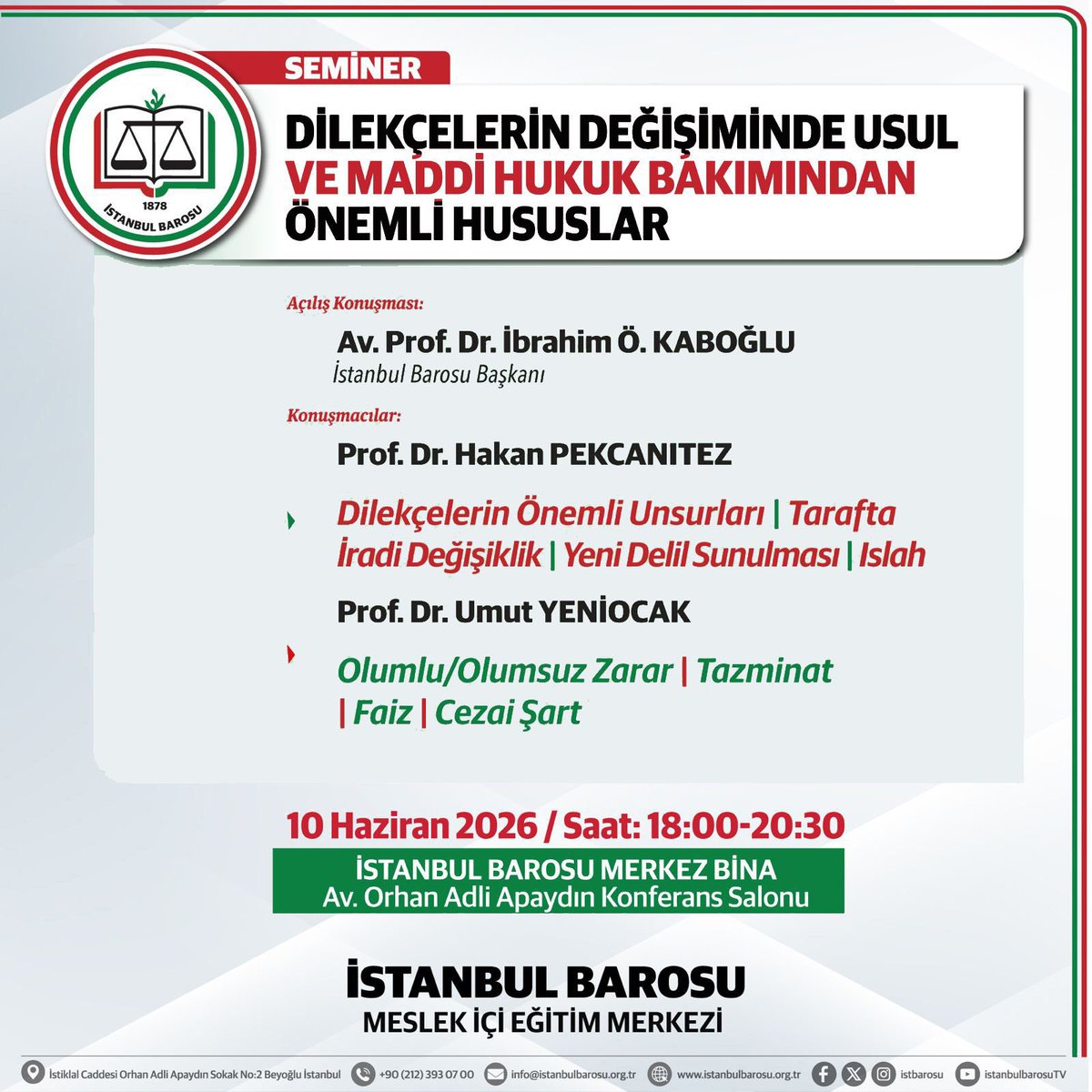 UmutYeniocak's tweet photo. 📣 Kıymetli Hocamız Prof. Dr. Hakan Pekcanıtez ile hukuk davalarında dilekçe teatisi sürecini usul hukuku ve maddi hukuk açısından ele alacağımız, güncel yargı uygulamalarını  tartışacağımız bir seminer organize ettik.

🗓️ 10 Haziran 2026 🕖18.00

❗️Hepinizi heyecanla bekliyoruz. https://t.co/hOQBeNTxLo