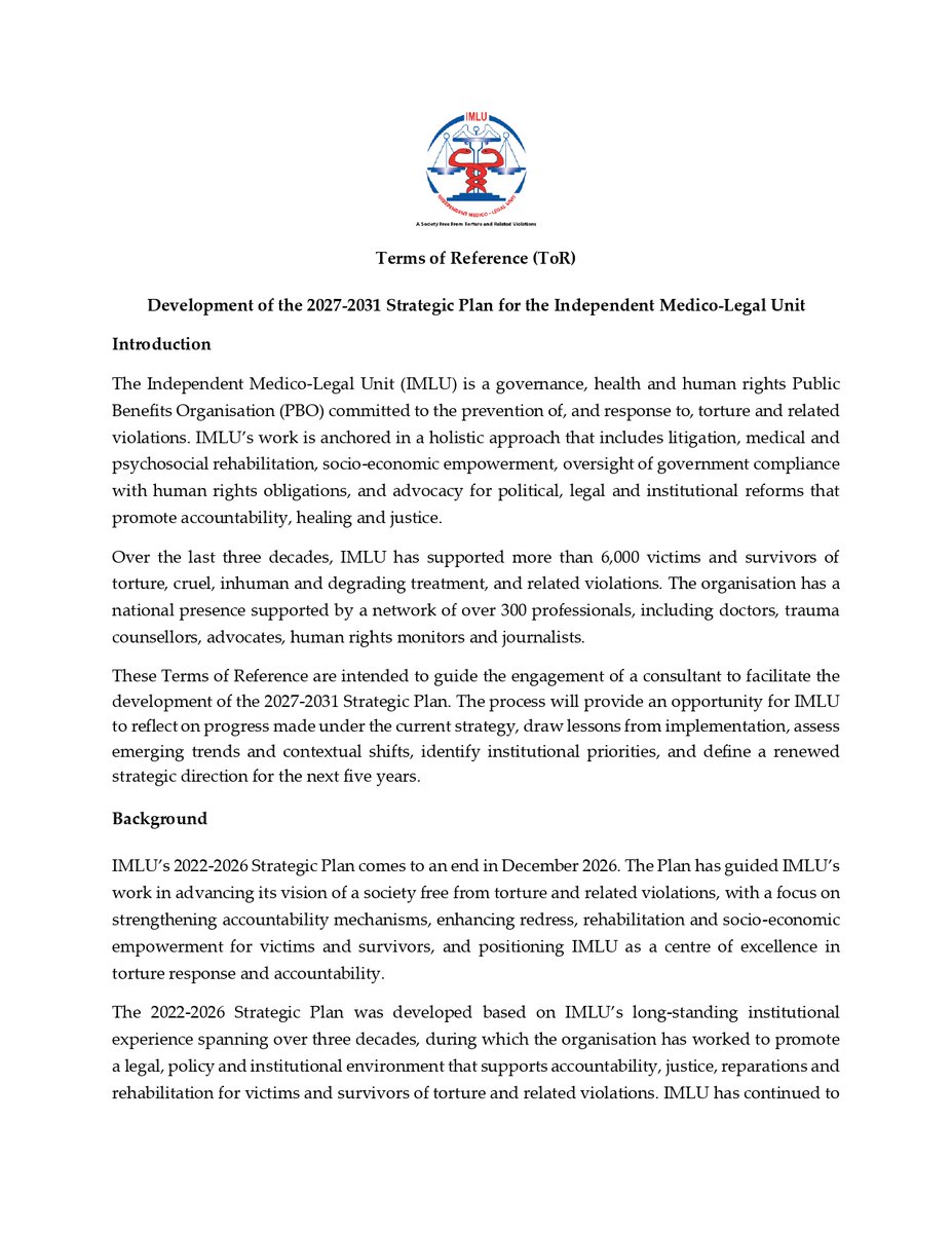 IMLU_org's tweet photo. IMLU is hiring a consultant to develop our 2027-2031 Strategic Plan. Help us shape the next 5 years of human rights advocacy, accountability, and survivor support in Kenya. Application deadline: June 12, 2026. Details below. #IkoKaziKe 1/3 https://t.co/LhWueiqwFR