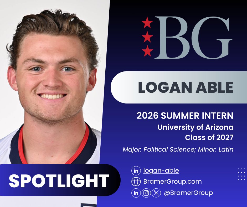BramerGroup's tweet photo. Wrapping up our Summer ‘26 class introductions, BG welcomes Logan Able  are the University of Arizona . Logan will be assisting our Government Relations team. 

“I am extremely excited about the opportunity to work with the BG team this summer. Bramer Group’s emphasis on grit in the face of adversity is a core value that resonates with me. Throughout my internship, I aspire to actively participate in BG’s operations, deepen my understanding of government relations and national security policy, and gain pertinent experience in strategic advocacy and legislative affairs. Bramer Group offers incredible insight into client engagement, as well as valuable mentorship from industry experts that I hope to learn from.” - LA

Welcome Aboard, Logan.