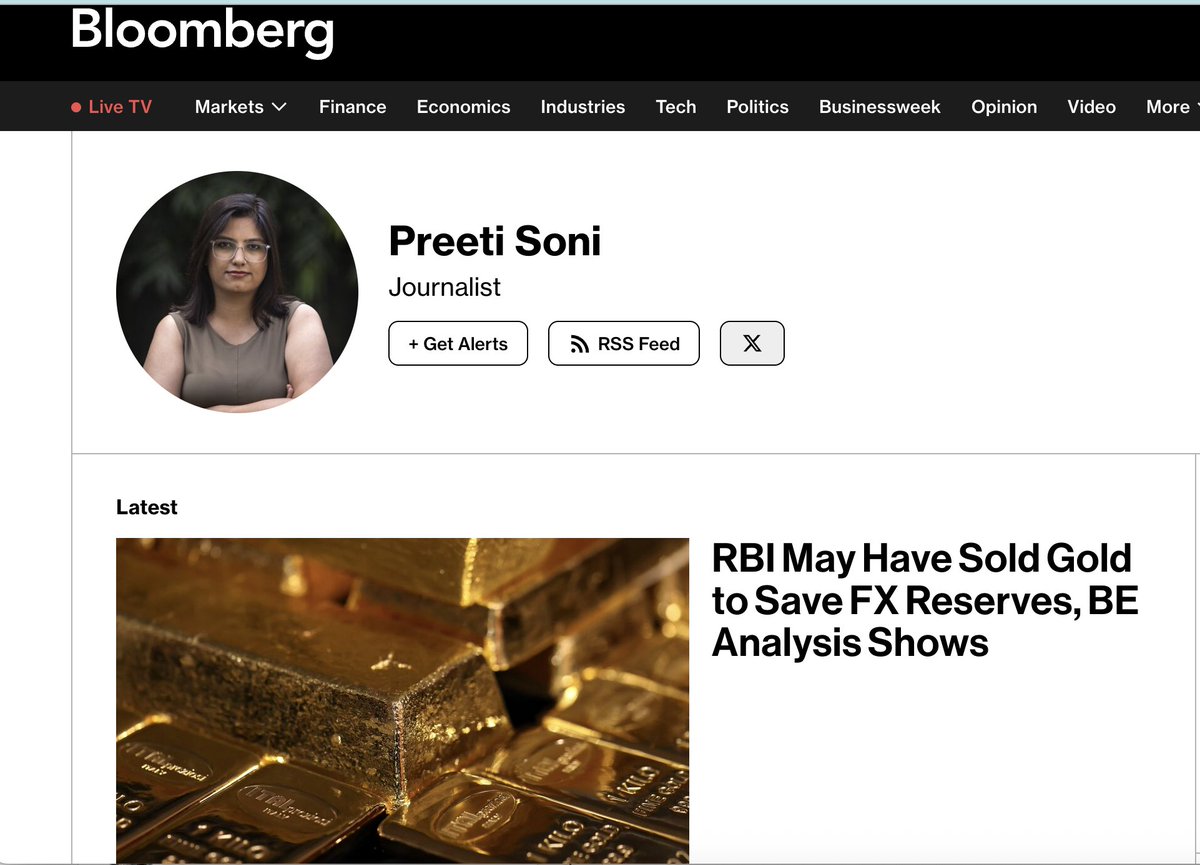 BesuraTaansane's tweet photo. Why did @preeti_msoni delete/deactivate her X account after posting a malicious article falsely claiming "RBI sold gold to save forex reserves" ? 

This is the typical scoot and shoot policy followed by these serial slanderers who work for DS media like @business - they claim to be journalists but in reality they are propagandists who will sell the nation for a few rupees

I hope GoI takes stringent action against Bloomberg and this person. Enough is enough - @MIB_India @FinMinIndia @RBI