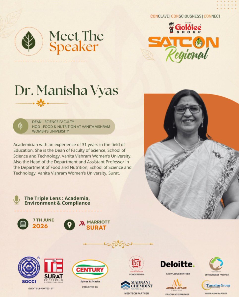 Sattvikcert's tweet photo. Welcoming @drmanishavyas Dean – Science Faculty, Vanita Vishram Women’s University, to SATCON Regional 2026.

With 31+ years in academia, she will share insights on “The Triple Lens: Academia, Environment &amp; Compliance.”

7 June 2026 | Surat Marriott Hotel

#SATCONRegional2026 https://t.co/g9ZZReSN4s
