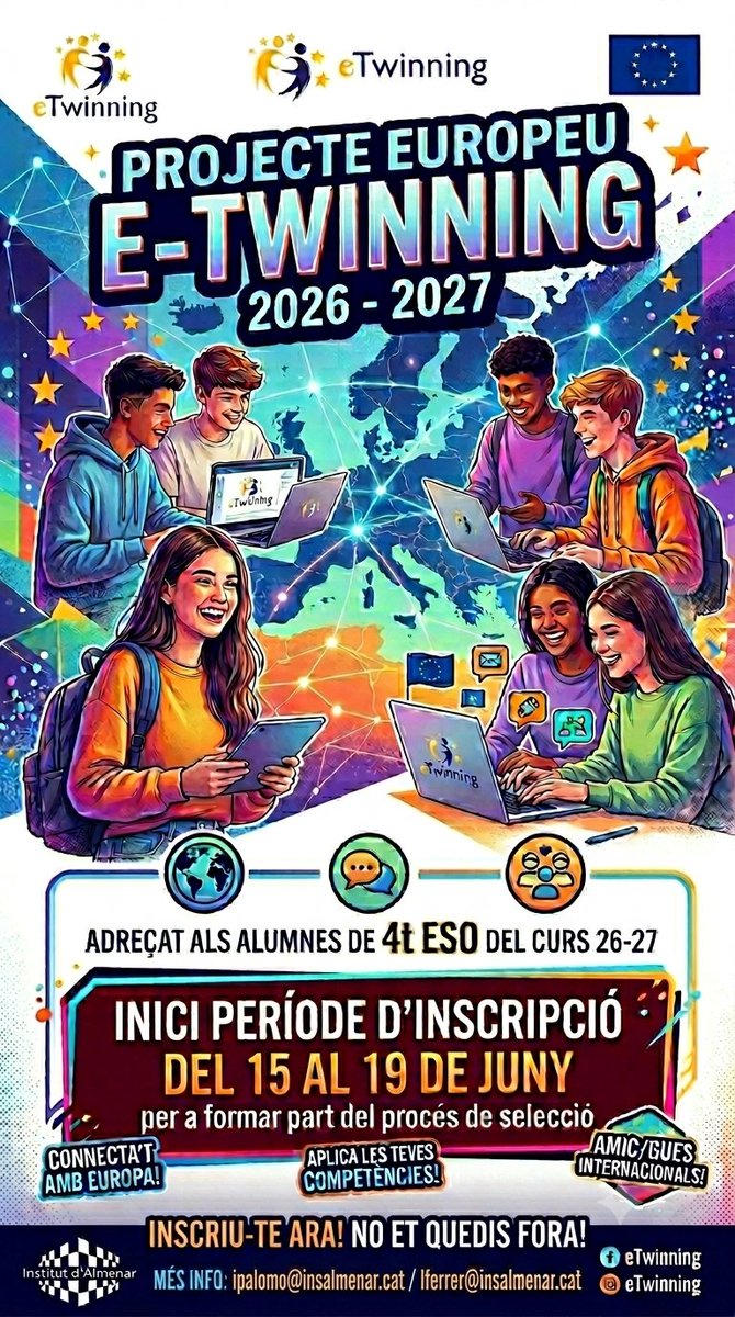 INSALMENAR's tweet photo. 📢 Obert el període d'inscripció per al projecte europeu #eTwinning 2026-27, adreçat a l'alumnat de 4t d'ESO.

📅 Del 15 al 19 de juny
🌍 Projectes internacionals, competència digital i col·laboració amb centres europeus.
La participació estarà subjecta a un procés de selecció. https://t.co/ht3sH80jx7