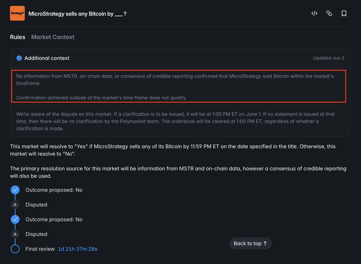 anytwocardzz's tweet photo. people are betting yes on this, looking for a moonshot...

hoping polymarket will do the right thing and not give the money to the insiders and whales.

this must be your first day in crypto...

isn't it shameful that they can just scam people like that?

it turns out you can just add rules after the fact:

"No information from MSTR, on-chain data, or consensus of credible reporting confirmed that MicroStrategy sold Bitcoin within the market's timeframe.

Confirmation achieved outside of the market's time frame does not qualify."

so why keep using polymarket if the rules of any market can change at any time?

Strategy's June 1 8-K explicitly states 32 BTC were sold during the period May 26–31 2026.

this is a big joke and a slap in the face to anyone using the platform.