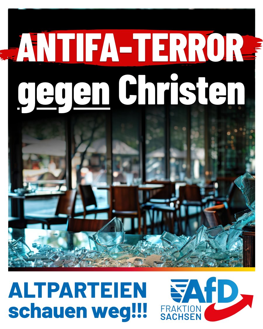 AfD_SLT's tweet photo. In Leipzig musste nach übereinstimmenden Medienberichten ein christliches Café nach 26 Anschlägen der Antifa schließen. Unter anderem richtete ein Buttersäureanschlag an Heiligabend einen Schaden in Höhe von 20.000 Euro an.

Auf der linksextremen Seite „Indymedia“ wurden die Anschläge mit der konservativen Ausrichtung der Christen begründet. Die LGBTQ-Szene beteiligte sich mutmaßlich auch an den Anschlägen, sprühte „Be gay“ an die Fassade und schlug Fensterscheiben ein.

Dazu erklärt der neugewählte religionspolitische Sprecher der sächsischen AfD-Fraktion, Jörg Kühne:

„Die Stadt Leipzig in Person des Ordnungsbürgermeisters Heiko Rosenthal hätte die Pflicht gehabt, sich schützend vor die Christen und ihr Café zu stellen. Dass der Ordnungsbürgermeister noch nicht einmal gesprächsbereit war, ist ungeheuerlich.

Ebenso frage ich mich, warum die Sächsische Staatskanzlei zu den Anschlägen gegen Kirchen und Christen schweigt.

Ich habe die Regierung bereits in der letzten Legislaturperiode dafür kritisiert, dass sie bei Vandalismus gegen Kirchen wegschaut und werde dieses Thema nun erneut aufgreifen.“

#AfD #Sachsen #JörgKühne #Leipzig #Christen #Religionsfreiheit #Linksextremismus #Antifa #InnereSicherheit #Meinungsfreiheit