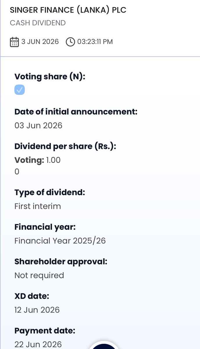 Krishantha888's tweet photo. Singer Finance (Lanka) PLC #SFIN - Cash Dividend https://t.co/mTLmKXvFzi