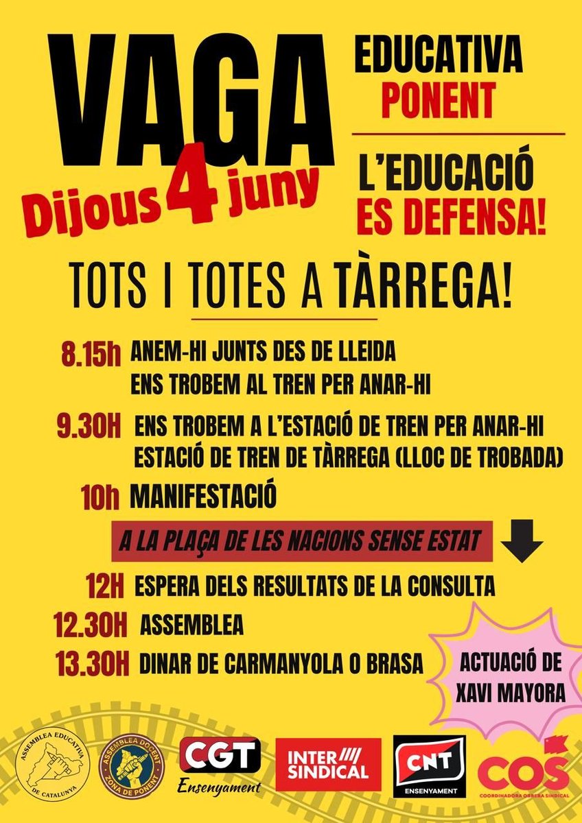 InterEducacio's tweet photo. 💪 I demà, vaga educativa a Ponent. La setmana de mobilitzacions continua!

📍A les 10h, manifestació a Tàrrega per continuar defensant l'educació pública.

#VotaNO https://t.co/MKxYEvImtq