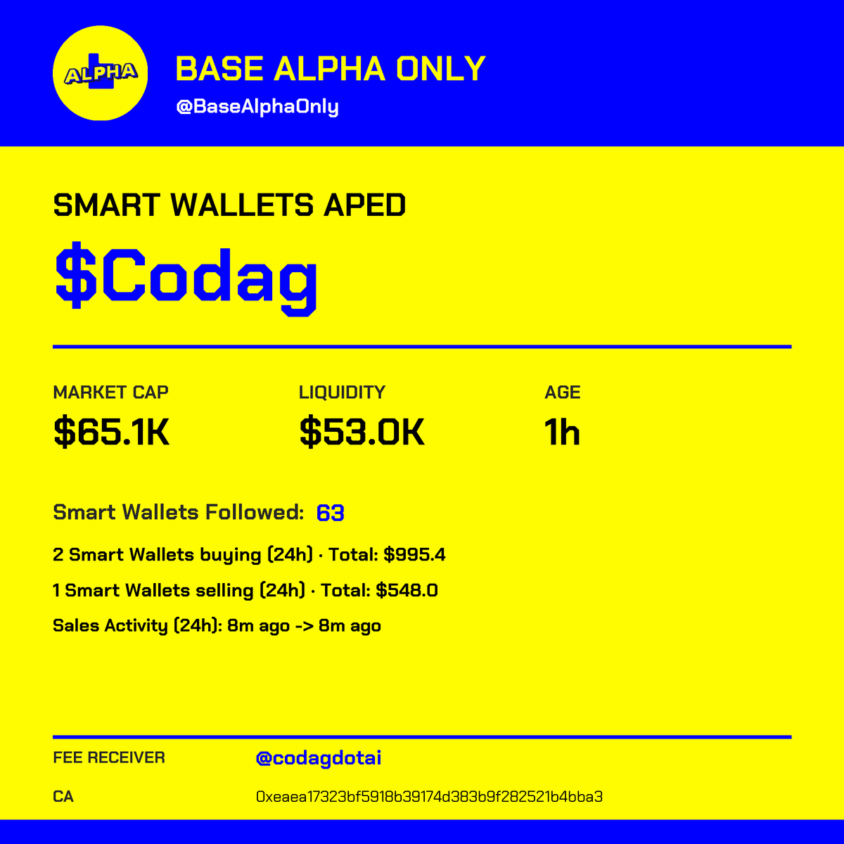 BaseAlphaOnly's tweet photo. Several tracked wallets just bought this

🪙 $Codag | 📈 MC: $65.1K | 📅 Age: 1h
🏭 Factory: Bankr | 💧 Liquidity: $53.0K

🇺🇸 Fee receiver: codagdotai https://t.co/n4179jBde8