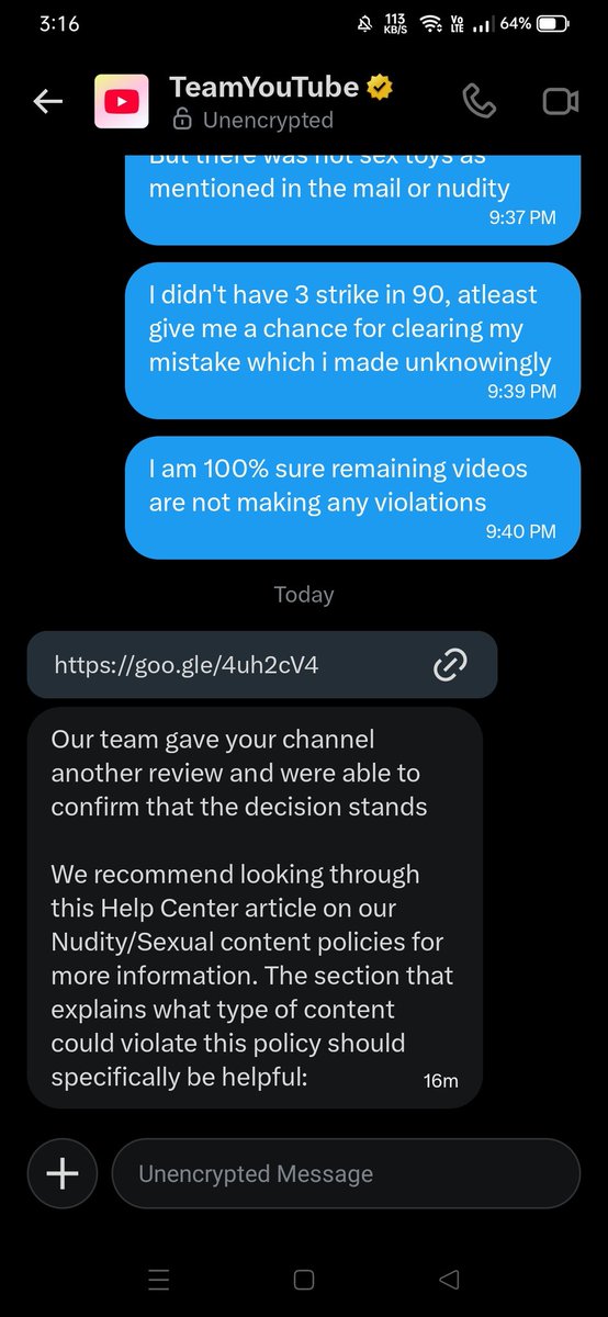 AStatus47879's tweet photo. @TeamYouTube don't lie, when you guy's given me second review?? You just given me automated response and trying to convenience me yhat the decision is final, if you will not give me a chance i will file a DSA dispute. https://t.co/24FRhh229q
