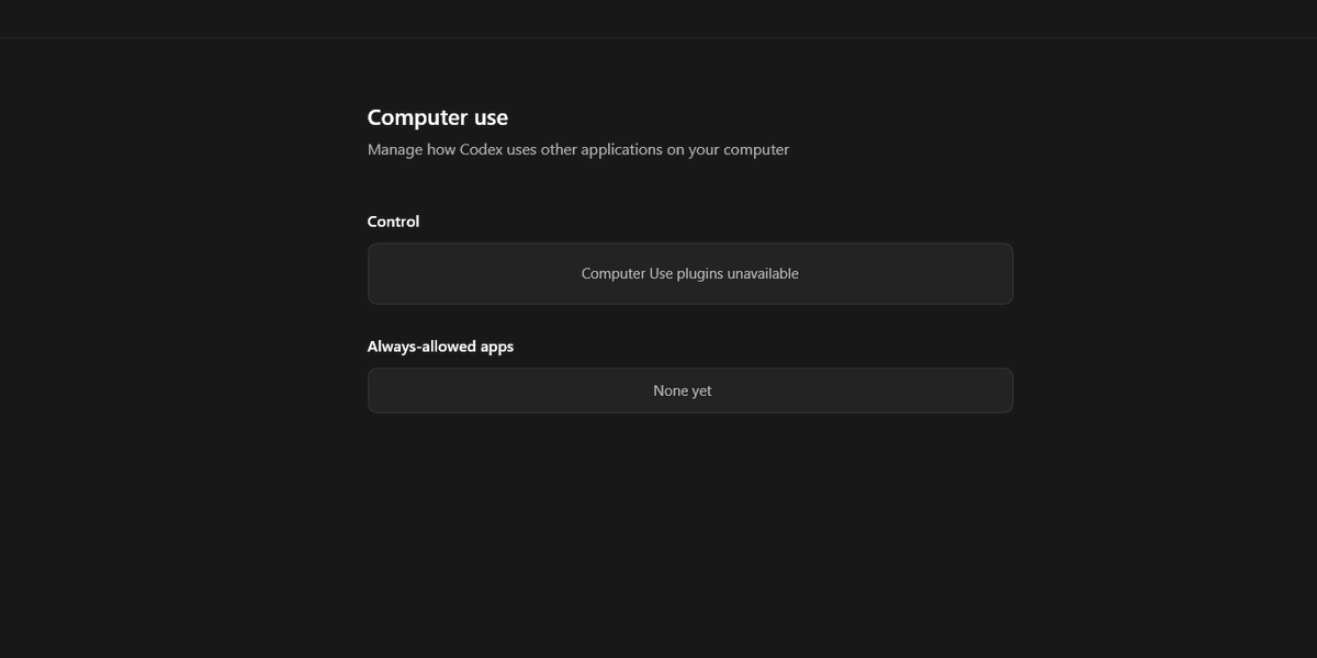 haroonsulahri's tweet photo. A lot of things are not working correctly today in the Codex app for Windows. The Computer Use skill is not showing, and Chrome, Browser, and several other features are also missing or not working. https://t.co/FApyMZ1780