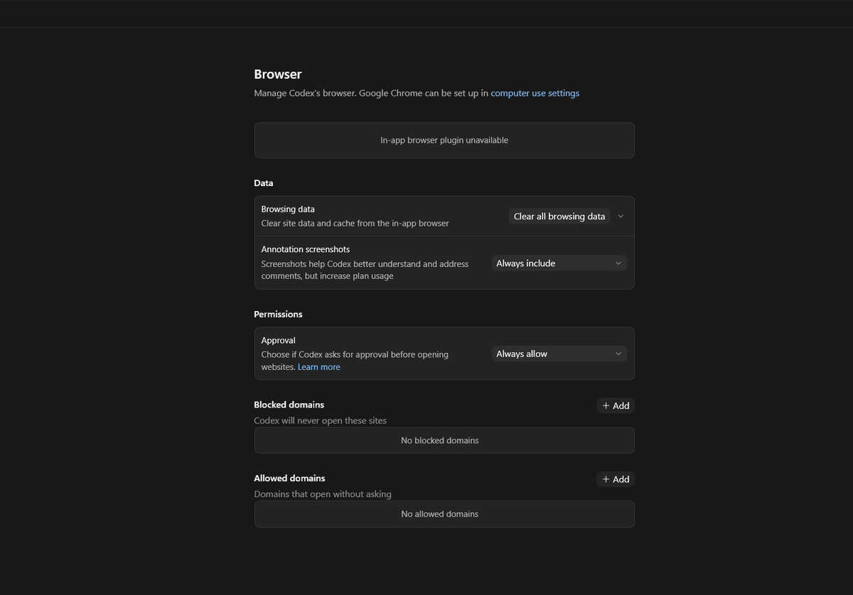 haroonsulahri's tweet photo. A lot of things are not working correctly today in the Codex app for Windows. The Computer Use skill is not showing, and Chrome, Browser, and several other features are also missing or not working. https://t.co/FApyMZ1780