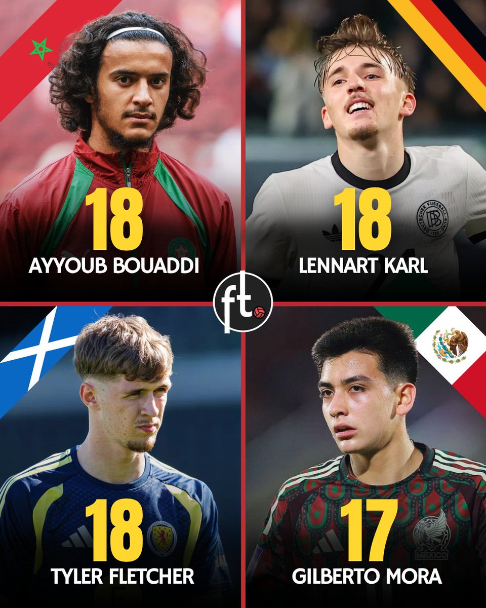 Footballtweet's tweet photo. 👶 The youngest players at the World Cup:

🇪🇨 Kendry Páez — 19
🇪🇸 Pau Cubarsí — 19
🇭🇷 Luka Vušković — 19
🇪🇸 Lamine Yamal — 18
🏴󠁧󠁢󠁳󠁣󠁴󠁿 Tyler Fletcher — 18
🇦🇺 Lucas Herrington — 18
🇹🇳 Rayan Elloumi — 18 
🇧🇦 Kerim Alajbegović — 18 
🇲🇦 Ayyoub Bouaddi — 18 
🇧🇦 Mladen Jurkas — 18 
🇪🇬 Hamza Abdelkarim — 18 
🇸🇳 Bara Sapoko Ndiaye — 18 
🇸🇳 Ibrahim Mbaye — 18 
🇩🇪 Lennart Karl — 18 
🇨🇿 Hugo Sochůrek — 18
🇲🇽 Gilberto Mora — 17