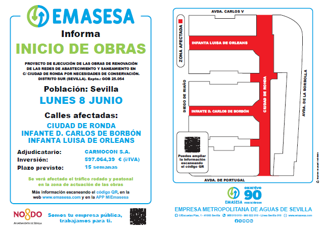 emasesa's tweet photo. Inicio de Obras en C/ Ciudad de Ronda @Dto_Sur #Sevillahoy
ℹ️ Sustitución Redes Abastecimiento y Saneamiento
🗓️ 08/06/2026
⌚ 15 semanas
Gracias y disculpen las molestias. #TrabajamosParaTi
#EMASESA. #TuEmpresaPúblicaDelAgua
#TuAgua @Ayto_Sevilla https://t.co/PZV7qJ0BnC