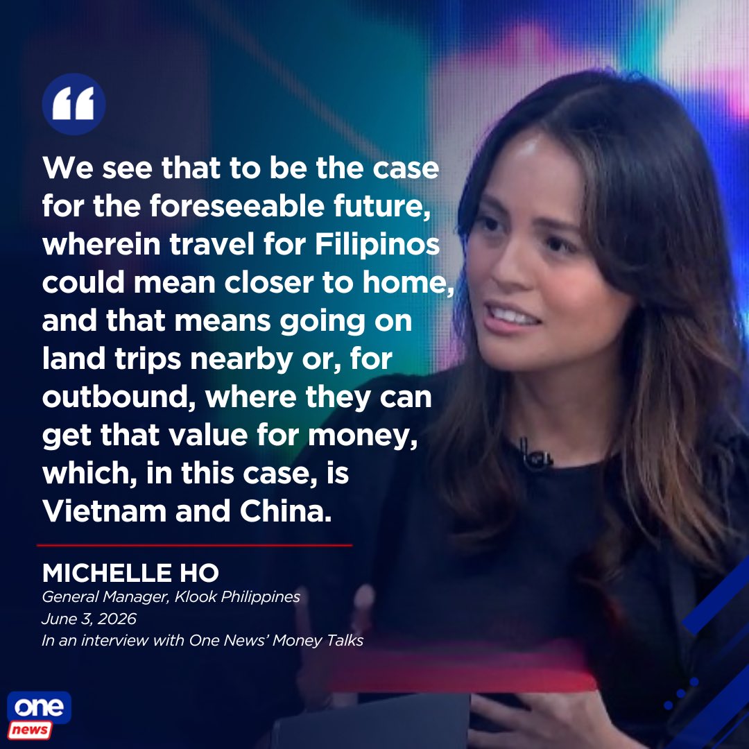 cathyyang's tweet photo. Klook Philippines General Manager Michelle Ho said domestic travel continues to gain traction, with destinations such as Batangas, Tagaytay, and Cebu posting strong growth in hotel bookings. 

She added that Filipinos are increasingly opting for trips closer to home or choosing value-for-money international destinations such as Vietnam and China amid economic pressures.

📷: One News

WATCH: https://t.co/prjtQXYgdU