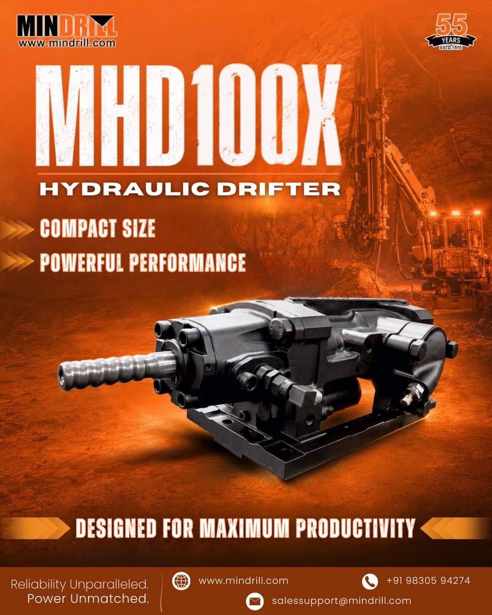 mindrill's tweet photo. The Mindrill MHD100X Hydraulic Drifter combines a low-profile design with exceptional drilling power, making it ideal for demanding applications in underground mining, quarrying, foundation drilling and bolting. 

📞 Get Quote: +91 98305 94274
📧 salessupport@mindrill.com https://t.co/J3nCFXLpnP