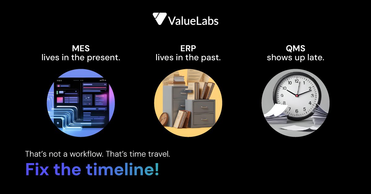 ValueLabs's tweet photo. Manufacturing doesn’t break because systems fail.
It breaks because they experience reality at different times.

By the time quality reacts, production has already moved on.
By the time reports line up, the damage is done.

Our Agentic AI platform, AiDE® helps you monitor events across MES, ERP, and QMS as they happen, not after. So, teams act in real time, not rewind time.

Stop time-traveling. See AiDE® in action: https://t.co/82o6NALOnx

#AIAgents #AiDEAgents #DoingTheRightThing #ValueLabs