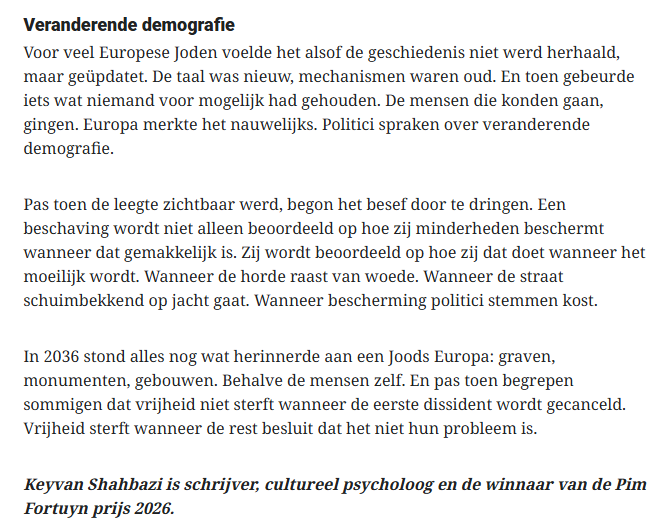 Repelsteeltje21's tweet photo. Keyvan Shahbazi:
"Vrijheid sterft niet wanneer de eerste dissident wordt gecanceld. Vrijheid sterft wanneer de rest besluit dat het niet hun probleem is."
https://t.co/QJSG8WF0oB

Overigens raad ik iedereen een betaald abonnement op de Telegraaf aan.
Versterk dissidente stemmen. https://t.co/2nVKBwAH7C