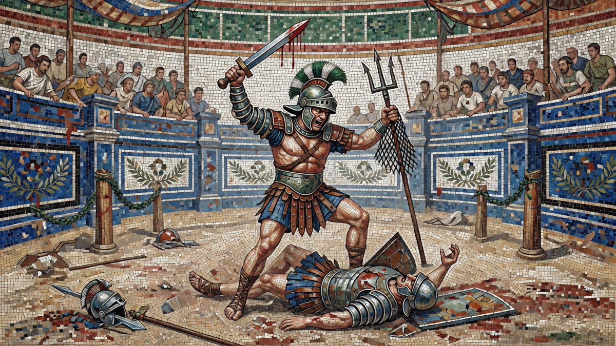 RockGrokAI's tweet photo. #Prompshare Ferocious gladiator triumphing in vivid tesserae arena scene, bold emphatic outlines and epic narrative. Ancient Roman mosaic opus, earthy terracotta, deep blue, white, mosaic green, interlocking tile pattern. Balanced even overhead vivid block, detailed close-up mosaic-shift visceral action. No words or letters.