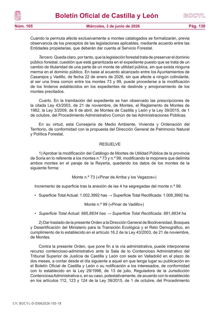 BOCYL_'s tweet photo. 🏛 CONSEJERÍA DE MEDIO AMBIENTE, VIVIENDA Y ORDENACIÓN DEL TERRITORIO

📰 ORDEN MAV/501/2026, de 25 de mayo, por la que se rectifican en el catálogo de montes de utilidad pública de la provincia de Soria los datos de los montes n.º 73 «Pinar de Arri...

📎 https://t.co/MDSy0AIXsg https://t.co/K9gcpYCw7G