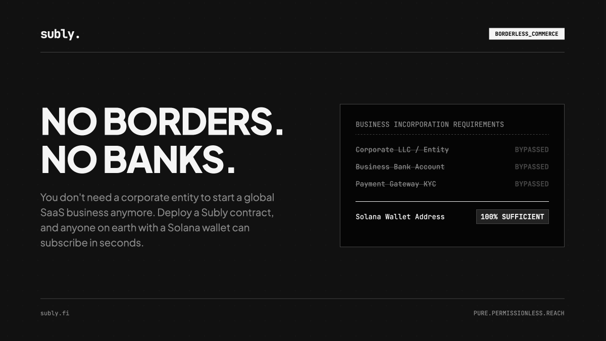 SublyFi's tweet photo. You don't need a corporate entity to start a global SaaS business anymore.

Deploy a Subly contract, and anyone on earth with a Solana wallet can subscribe in seconds. 
No borders, no incorporation, no bank accounts.

Global commerce, truly permissionless. 🌍