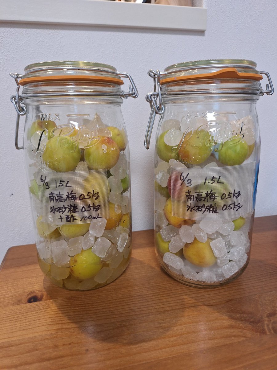 ymgm0422's tweet photo. 梅シロップ仕込んだ👊🍒🍊🍉🍓
去年は発酵させてしまったのでその反省から以下を改善(PDCAをまわせるシゴデキ漢)
・プラ容器アルコール消毒→瓶煮沸
・小分けにして冷蔵庫保管
・念入りな梅洗浄
酢有無で2パターン仕込んだので違い出るのか楽しみ https://t.co/Lv3Ag1R5fy