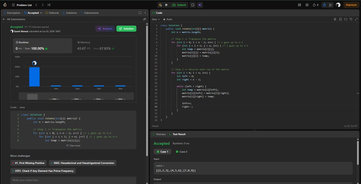 sumitkun_'s tweet photo. Day 3/45 of @striver_79 & @takeUforward_
#SDESheetChallenge 
~ Re-Solved today's problems , took me about 2 hours to do so.

- Rotate matrix by 90 degrees✅
- Merge Overlapping Subintervals✅
- Merge two sorted arrays without extra space✅

Tried to solve a problem using cpp instead of Java 
(cause I have OOP's using CPP this sem gotta get used to the Syntax).
#DSA #LeanrnInPublic
