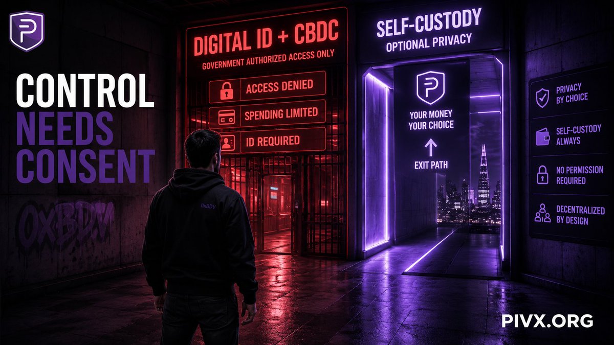 0xBDV's tweet photo. Digital ID centralises identity.
CBDCs can centralise money.

Put both together and the question becomes obvious:
Who controls access?

Would you accept digital money if someone else could decide where it works?

Privacy is a Right. 
For Privacy, PIVX is the Standard.

https://t.co/nQasdeYOBi | @_PIVX 🟣🛡️