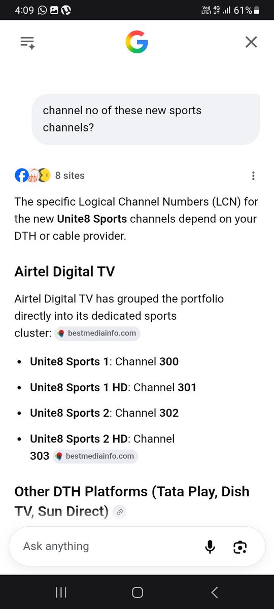 Gladiatorrr1997's tweet photo. @antibhaiyaa @ugach_kahitarii @airtelindia I checked on google. 256 is permanently stopped. No channel is available there. 303 is Unite8 Sports 2 HD. Zee Case is rebranded as Unite8 Sports 1 HD which is in Hindi. I prefer Eng commentary. Btw I am a bongo sontan as well. Glad to meet you. :) https://t.co/yUUpV2YSKw
